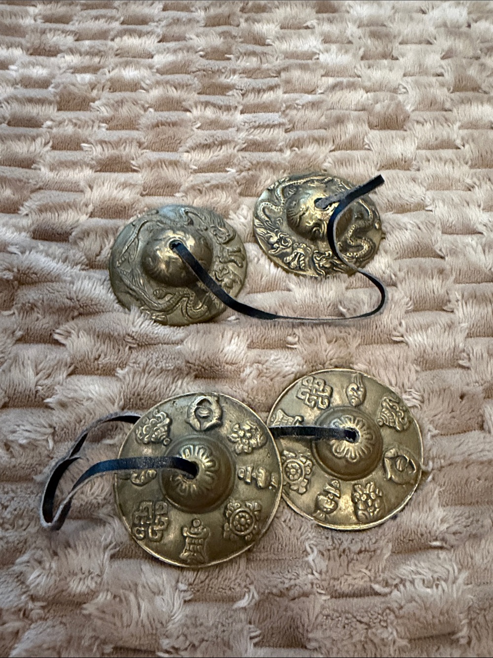 Brass Mini Tibetan Hand Cymbals with Leather Straps - Gold Tone
